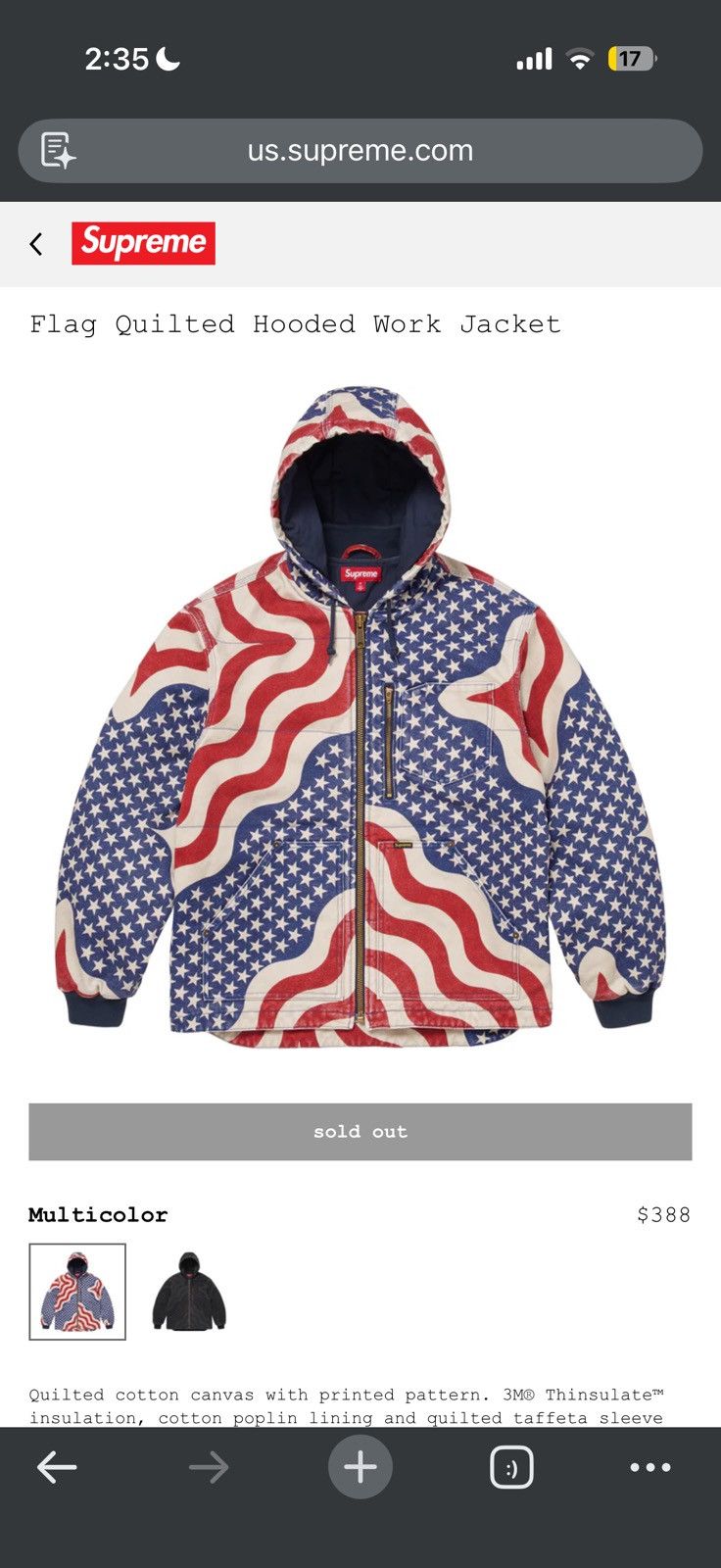 Supreme Flag Quilted Hooded Work Jacket Large - Size L - View 13