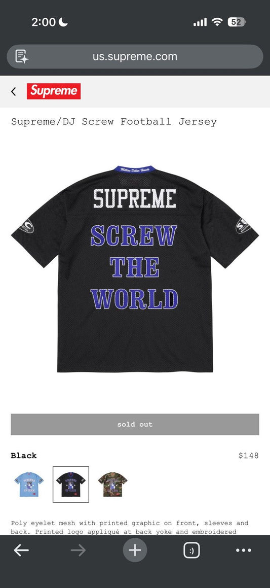 Supreme Dj Screw Football Jersey Large Black - Black - Size L - Back View