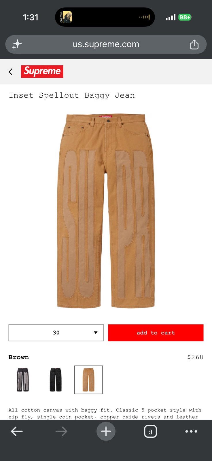 Supreme Inset Spellout Baggy Jean - Brown - Size 36 - View 7