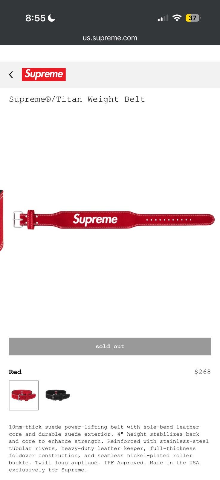 Supreme Titan Weight Belt Medium Red - Red - Size Medium - Tag/Label
