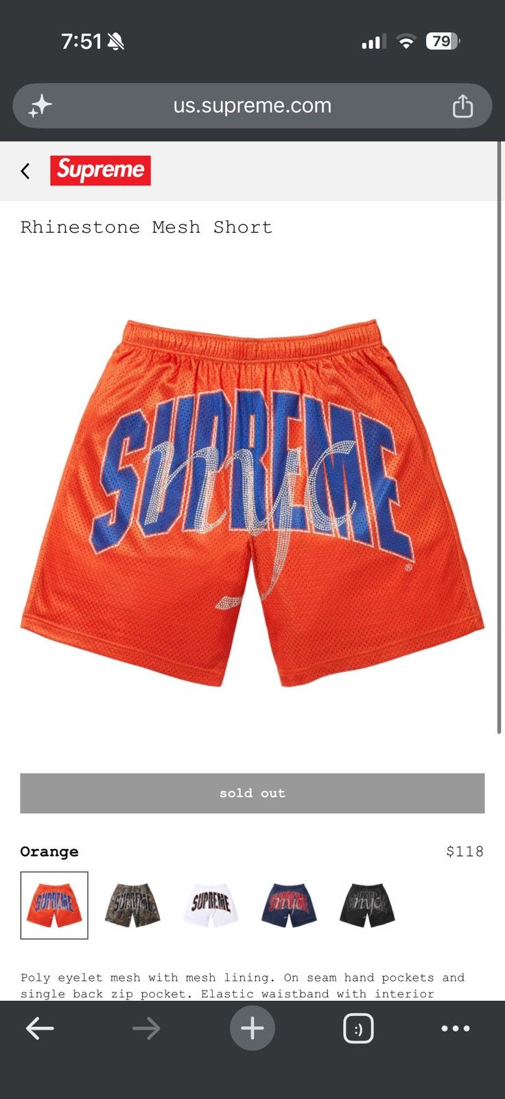 Supreme Rhinestone Mesh Short Orange Large - Orange - Size 34 - View 6