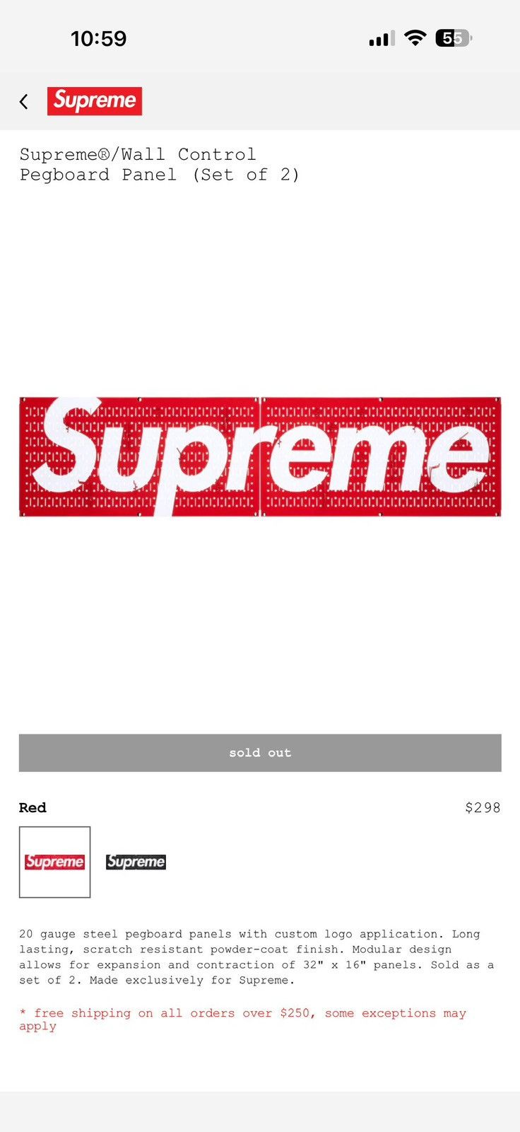 Supreme Wall Control Peg Board Red - Red - Size OS - Front View