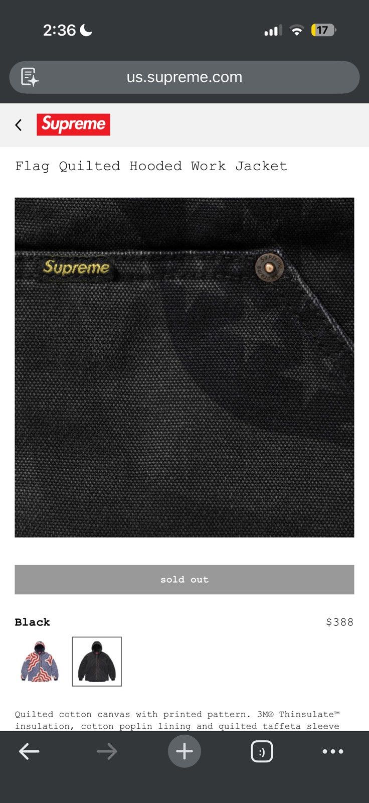 Supreme Flag Quilted Hooded Work Jacket Black Large - Black - Size L - View 7