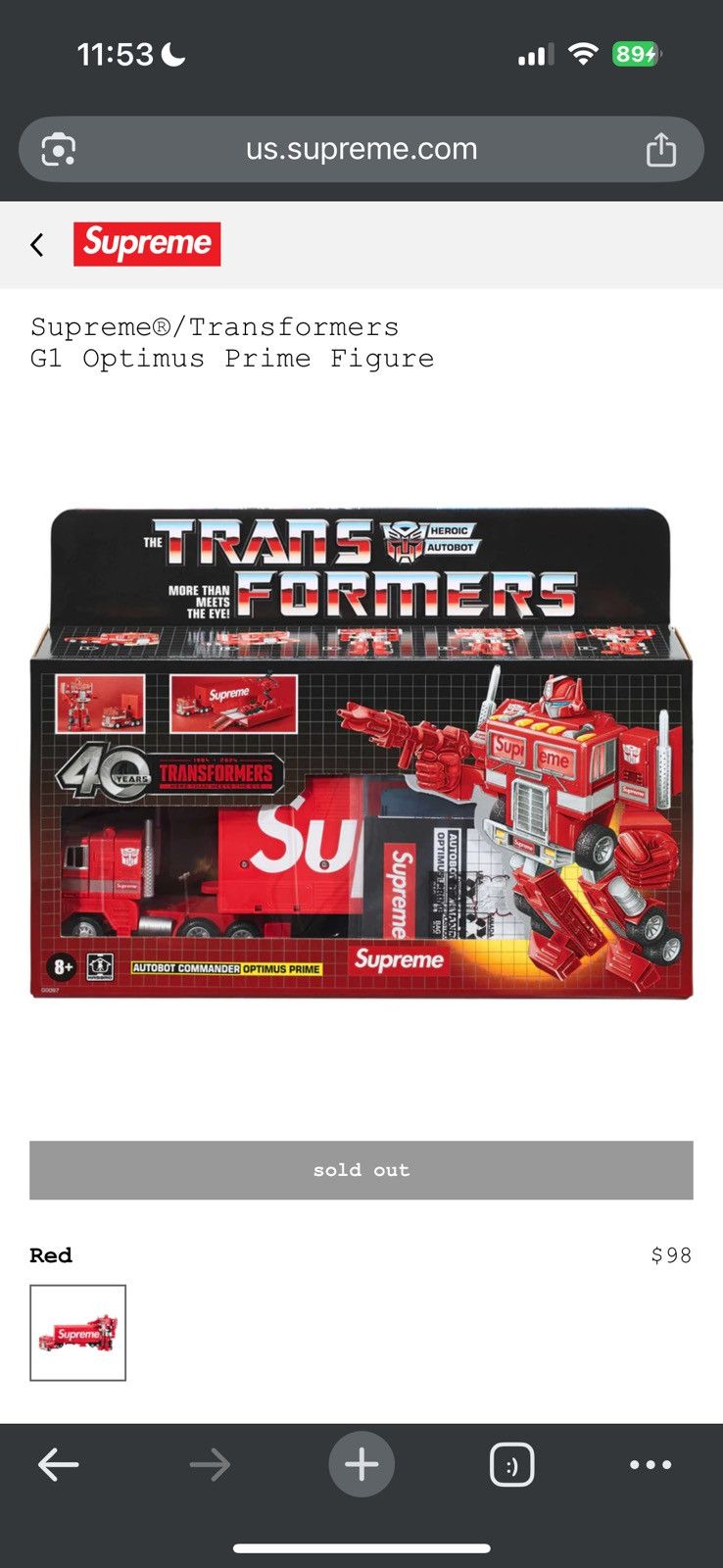 Supreme X Transformers G1 Optimus Prime Figure - Size OS - Tag/Label