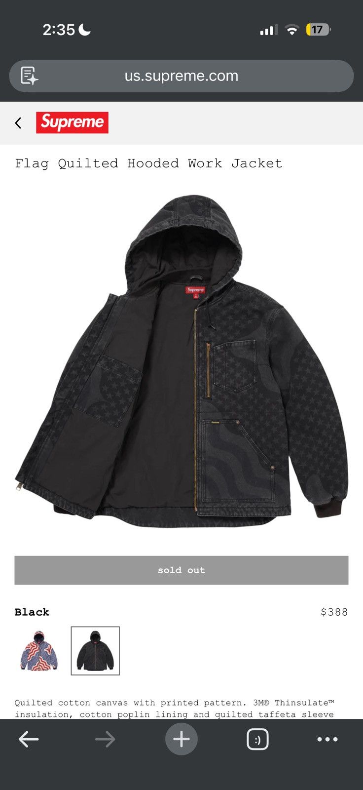 Supreme Flag Quilted Hooded Work Jacket Black Large - Black - Size L - View 8
