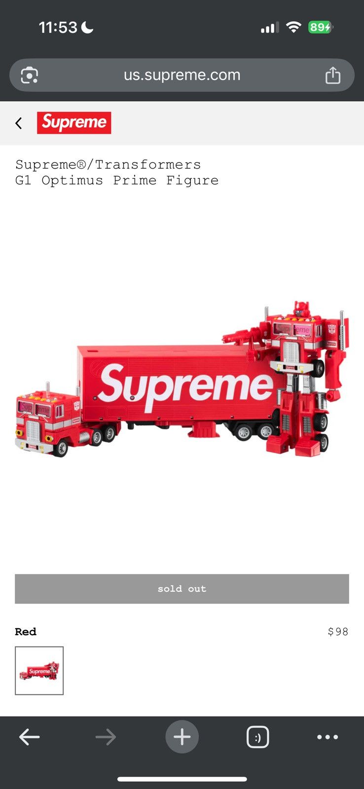 Supreme X Transformers G1 Optimus Prime Figure - Size OS - Front View