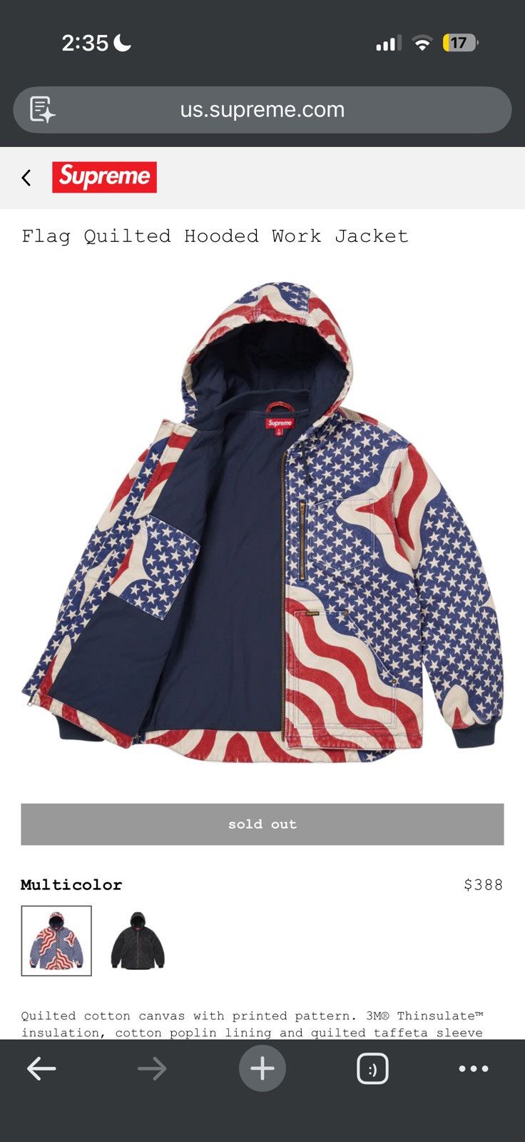 Supreme Flag Quilted Hooded Work Jacket Large - Size L - View 11
