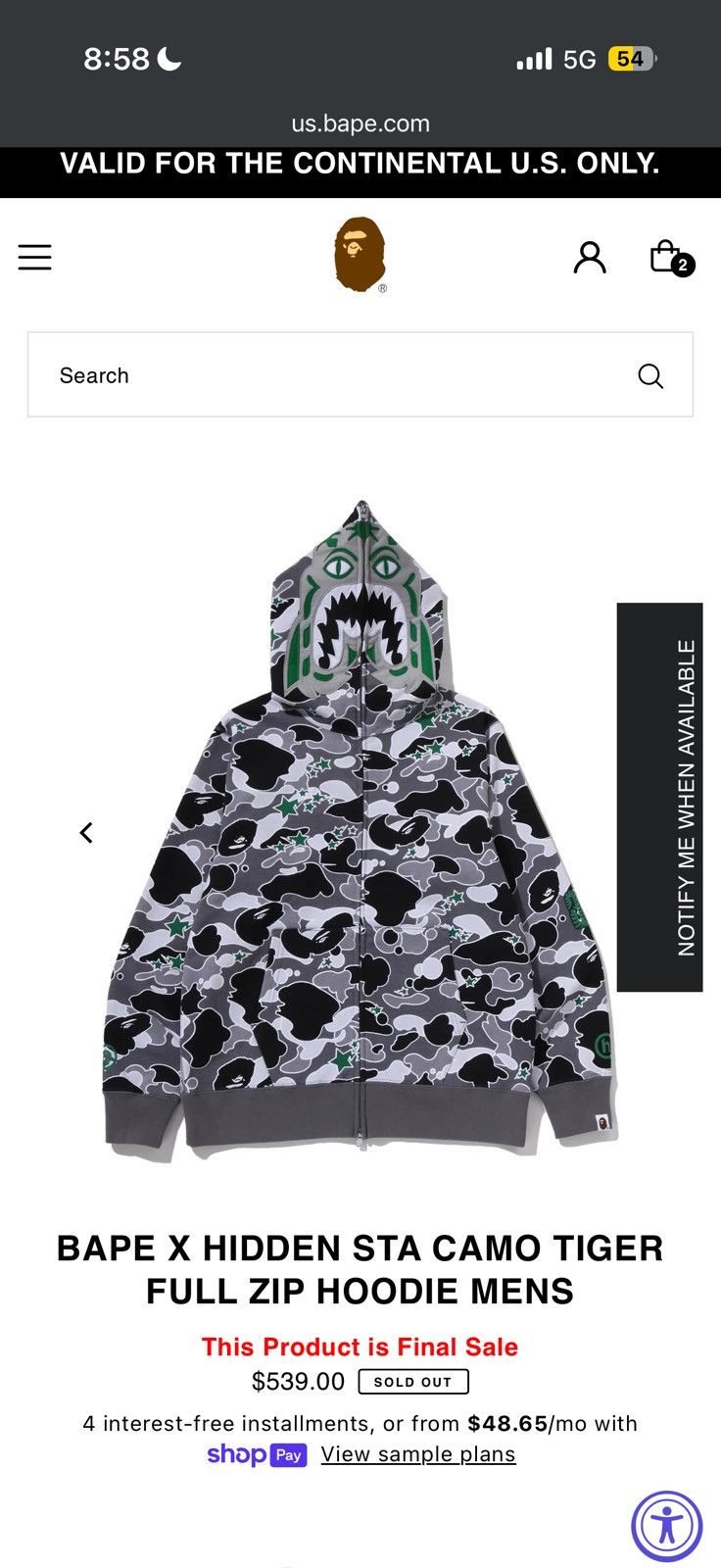 Bape X Hidden Sta Camo Tiger Full Zip Hoodie - Red - Size XL - View 15