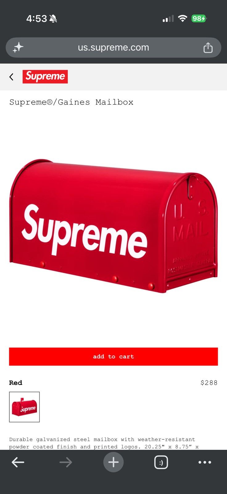 Supreme Gaines Mailbox - Red - Size OS - View 10