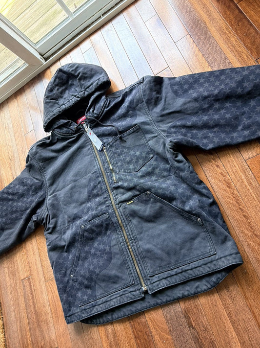 Supreme Flag Quilted Hooded Work Jacket Black Large - Black - Size L - Back View