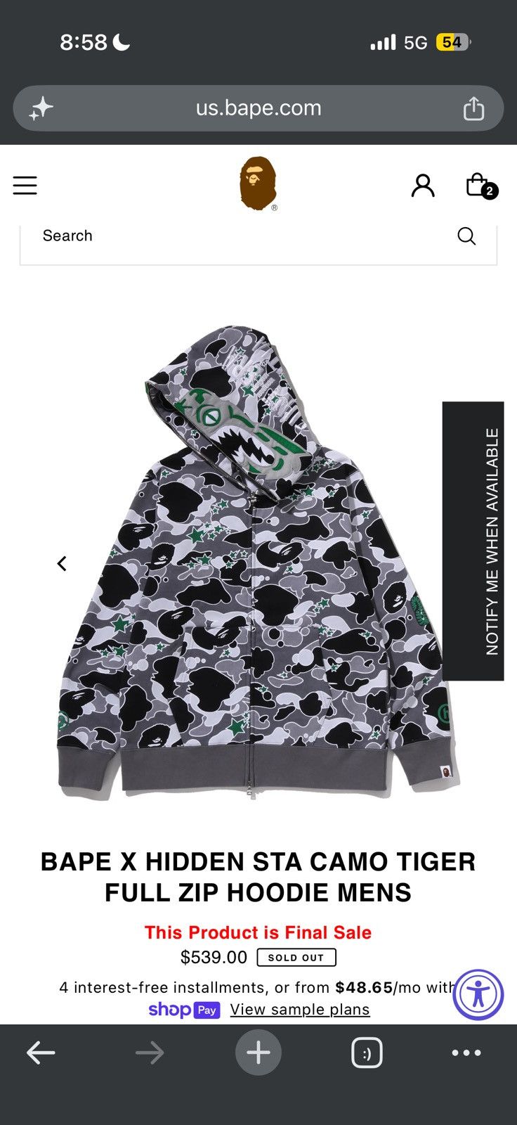 Bape X Hidden Sta Camo Tiger Full Zip Hoodie - Red - Size XL - View 18
