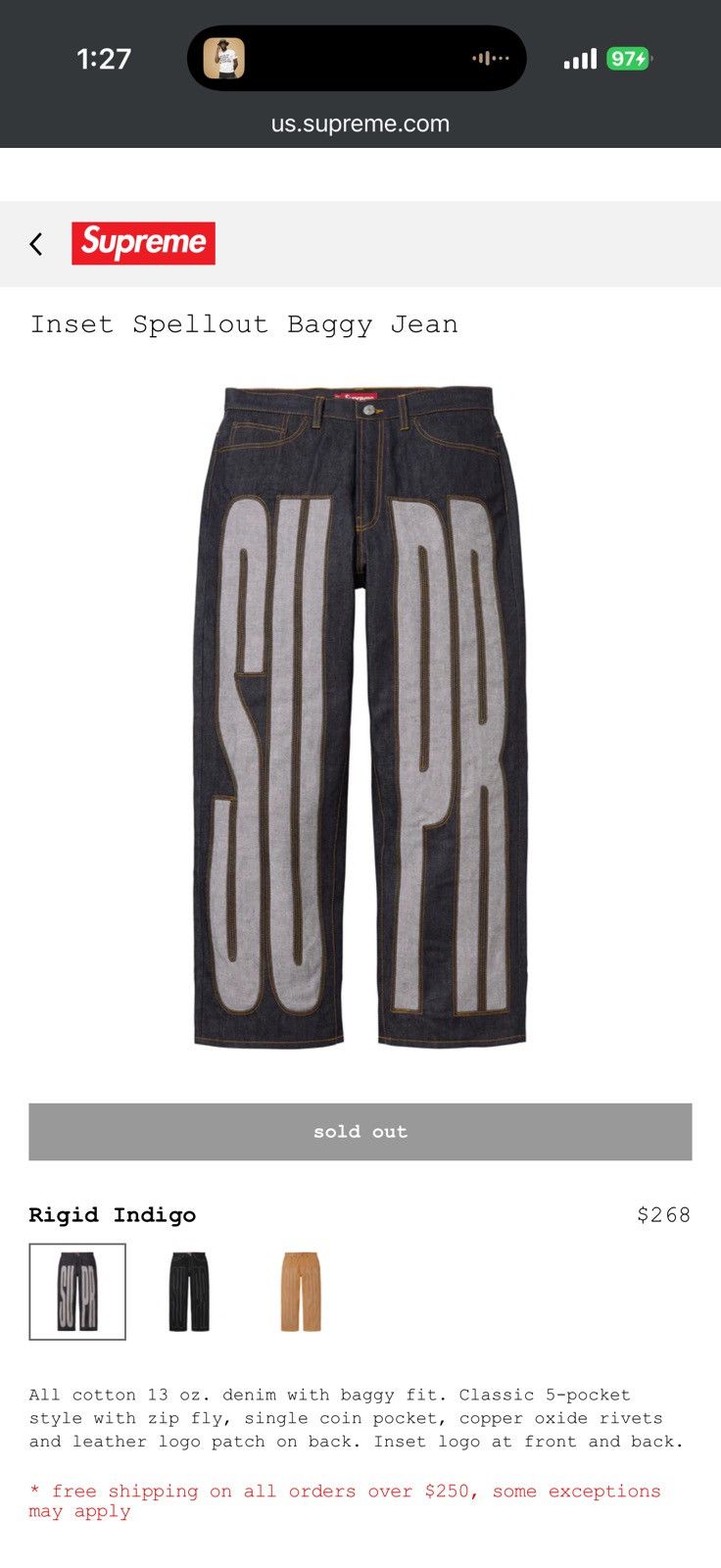 Supreme Inset Spellout Baggy Jean - Size 36 - View 8