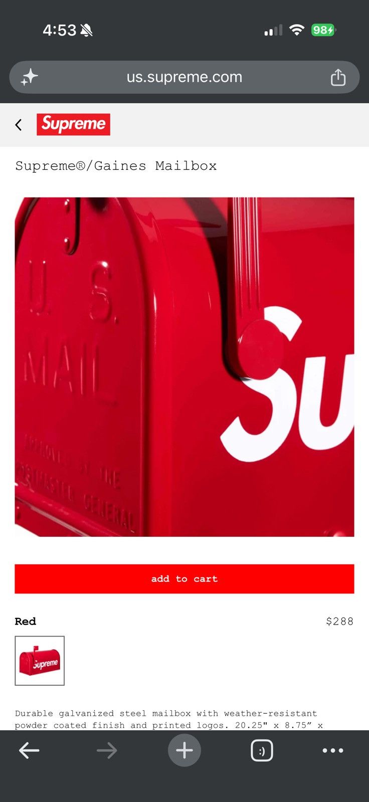 Supreme Gaines Mailbox - Red - Size OS - View 11