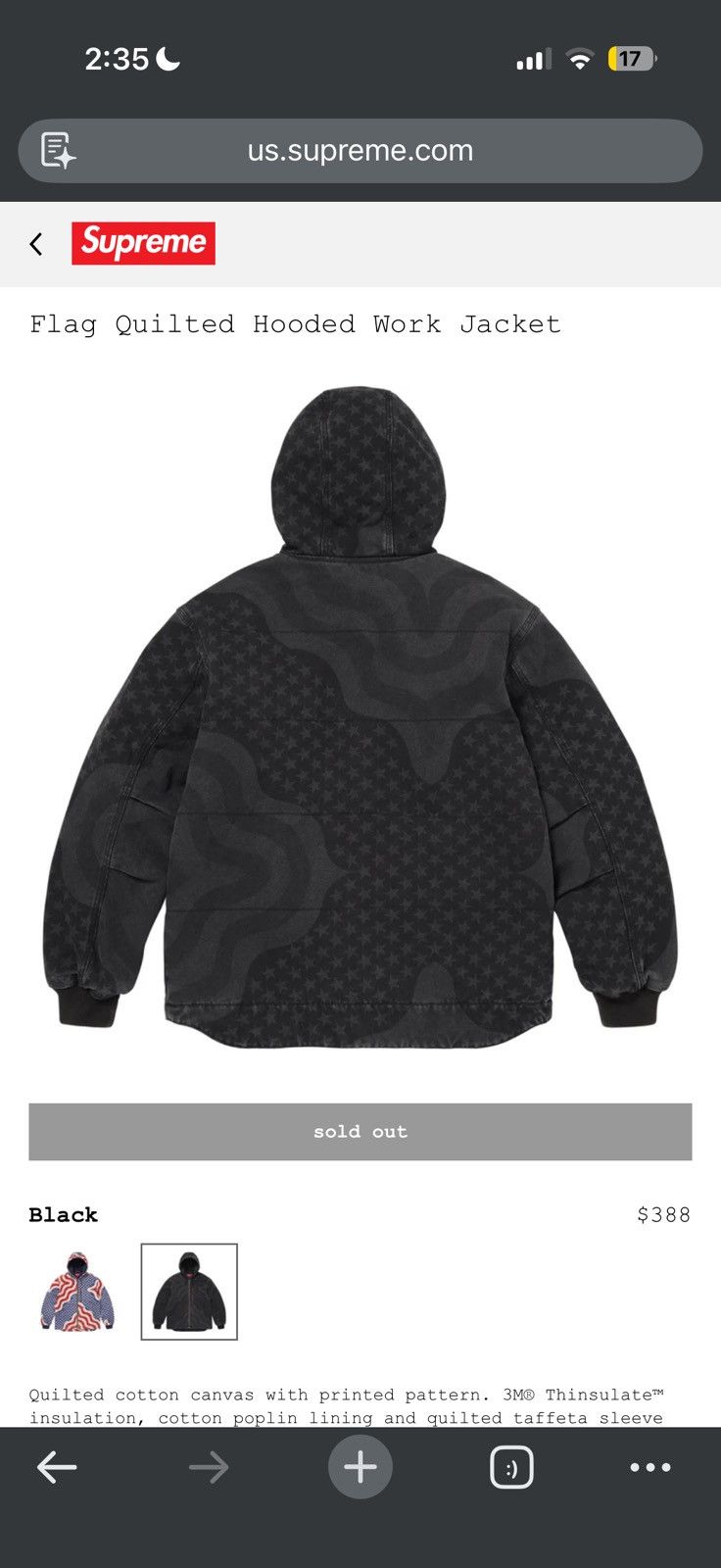 Supreme Flag Quilted Hooded Work Jacket Black Large - Black - Size L - View 10