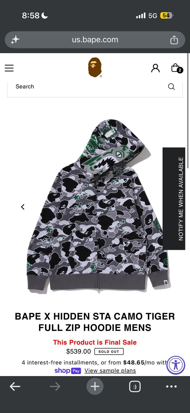 Bape X Hidden Sta Camo Tiger Full Zip Hoodie - Red - Size XL - View 19