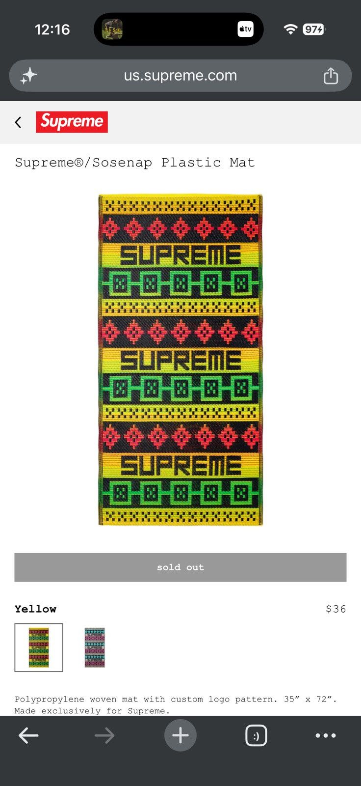 Supreme Sosenap Plastic Mat Yellow - Yellow - Size OS - Front View
