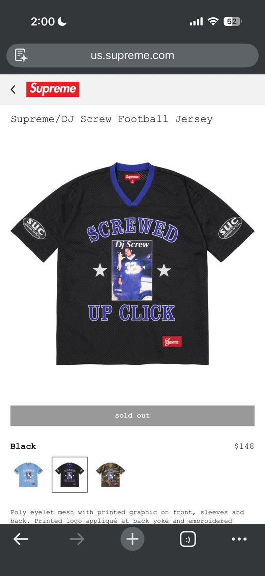 Supreme Dj Screw Football Jersey Large Black - Black - Size L - Front View