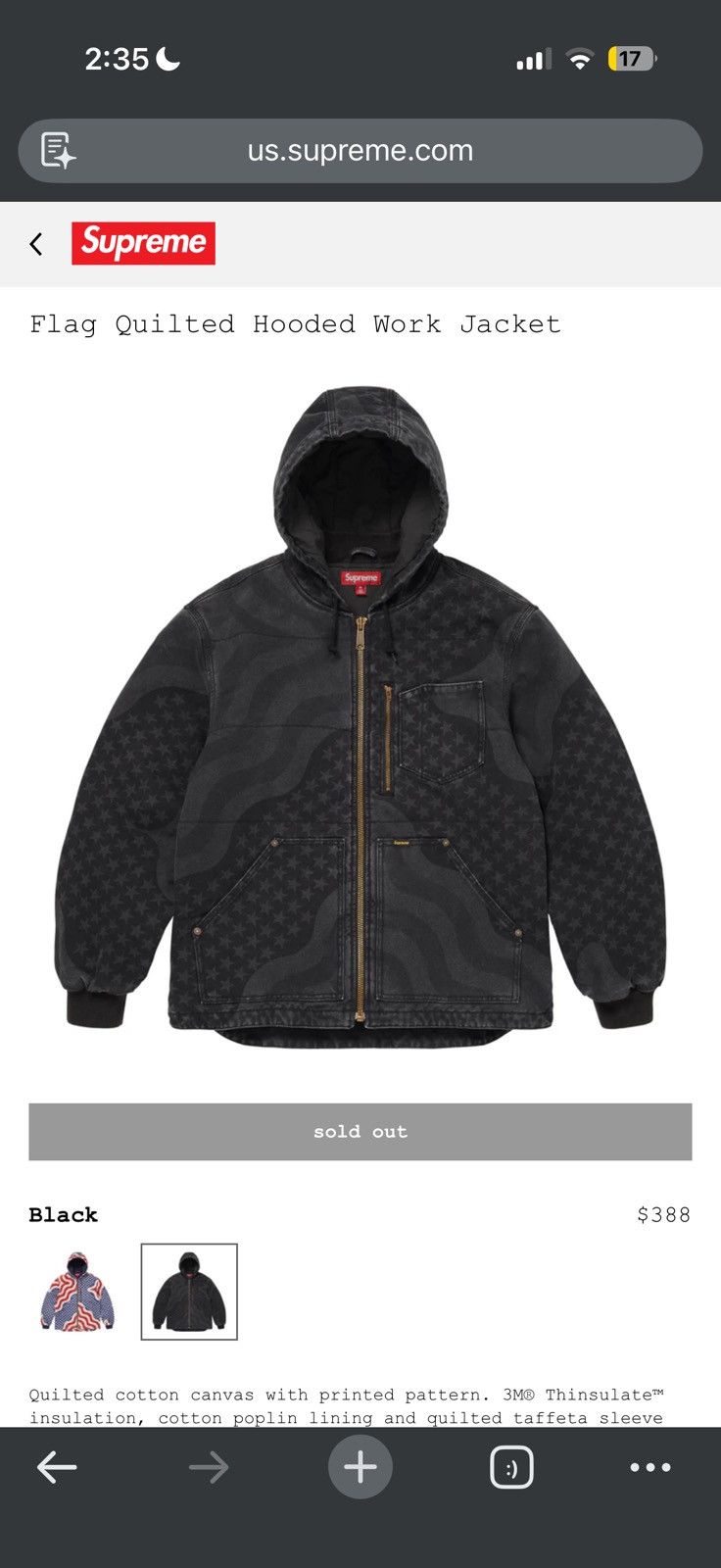 Supreme Flag Quilted Hooded Work Jacket Black Large - Black - Size L - View 9