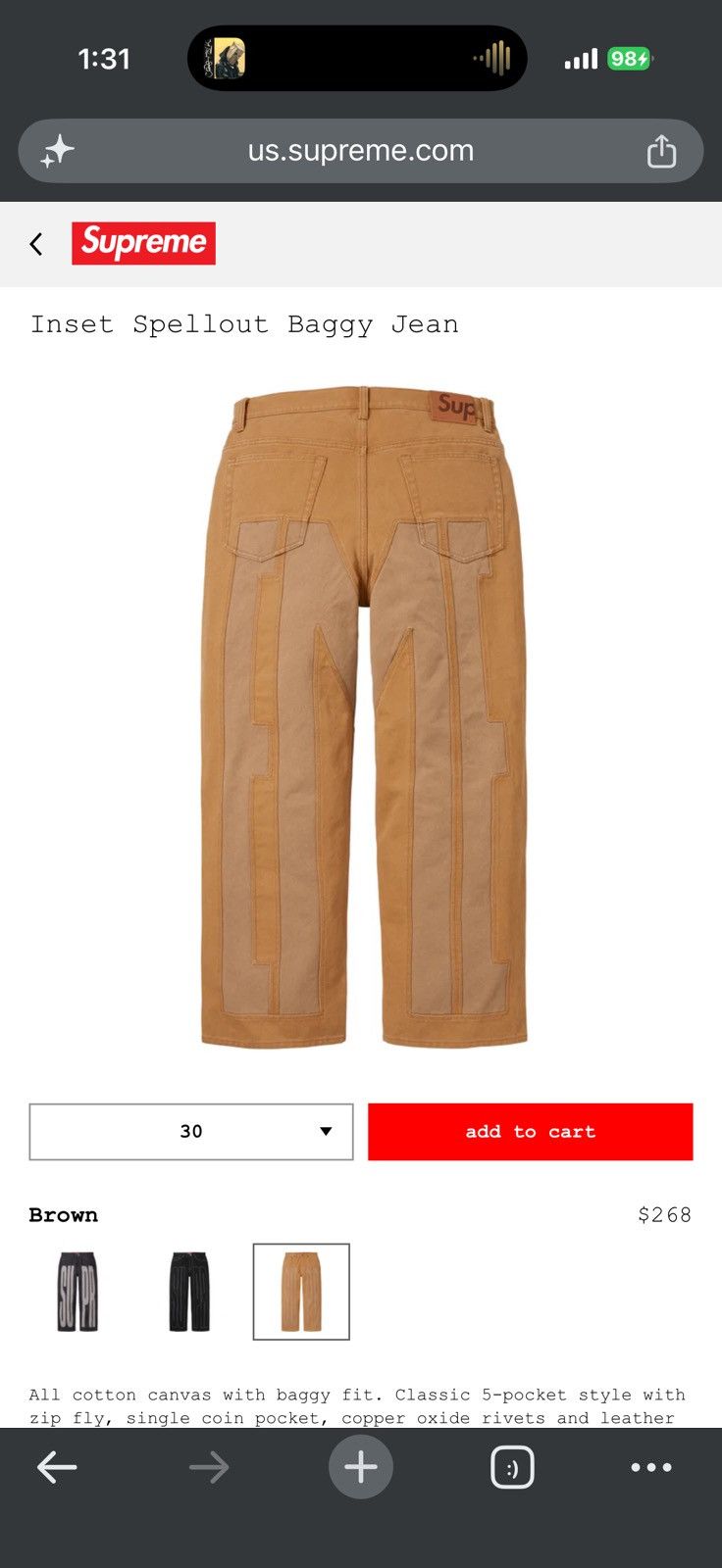Supreme Inset Spellout Baggy Jean - Brown - Size 36 - View 6