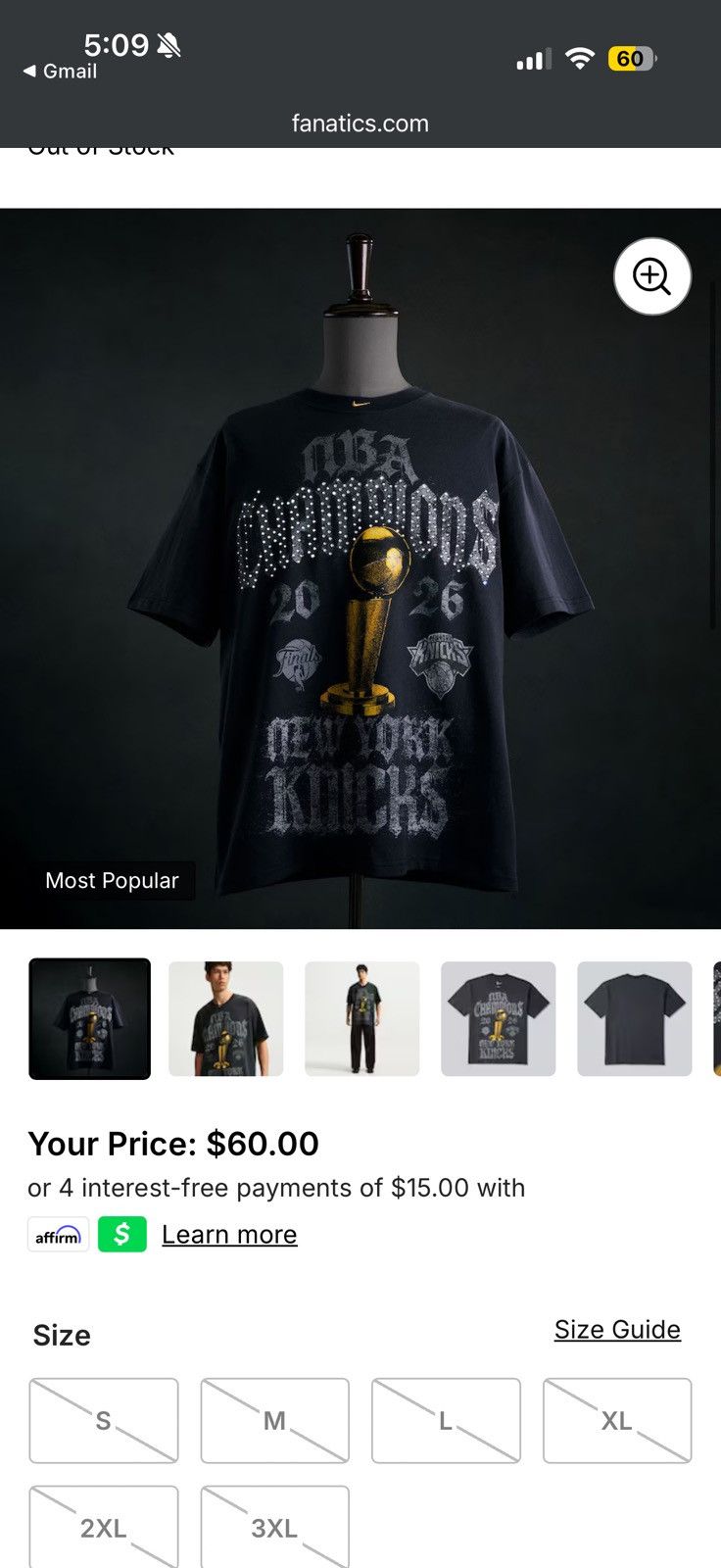 Nike Knicks  2026 Nba Finals Champions Locker Room Tee - Gray - Size XXL - Front View