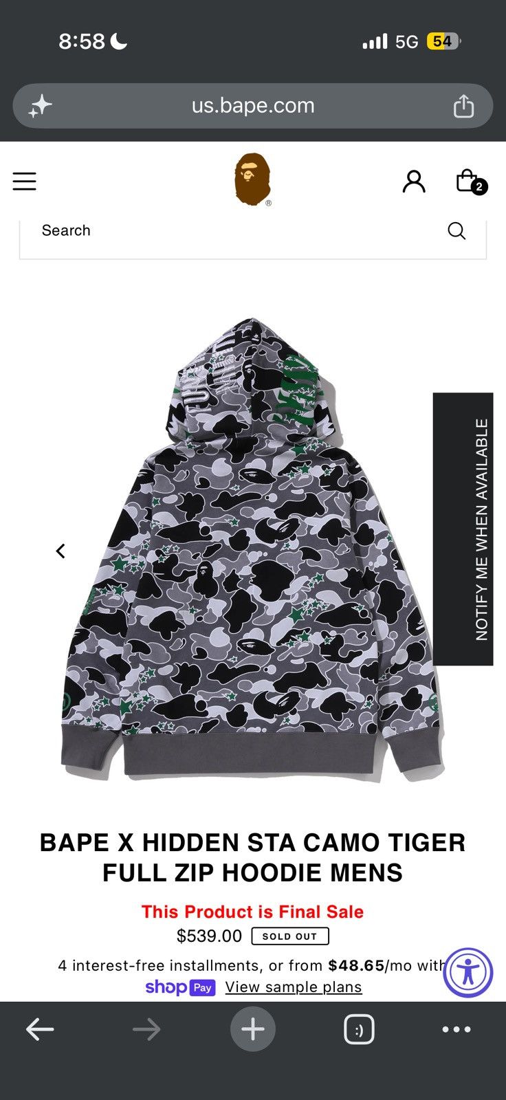 Bape X Hidden Sta Camo Tiger Full Zip Hoodie - Red - Size XL - View 17