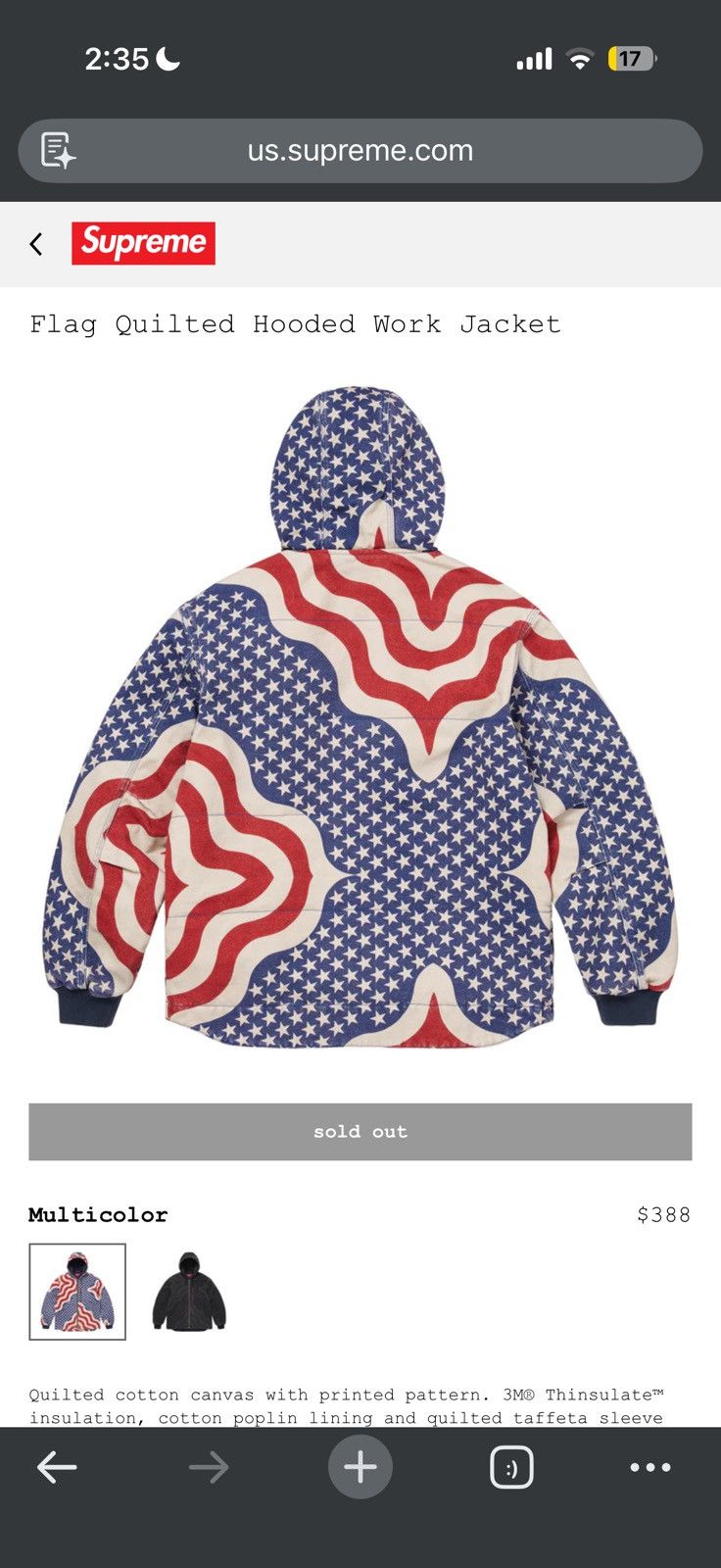 Supreme Flag Quilted Hooded Work Jacket Large - Size L - View 12