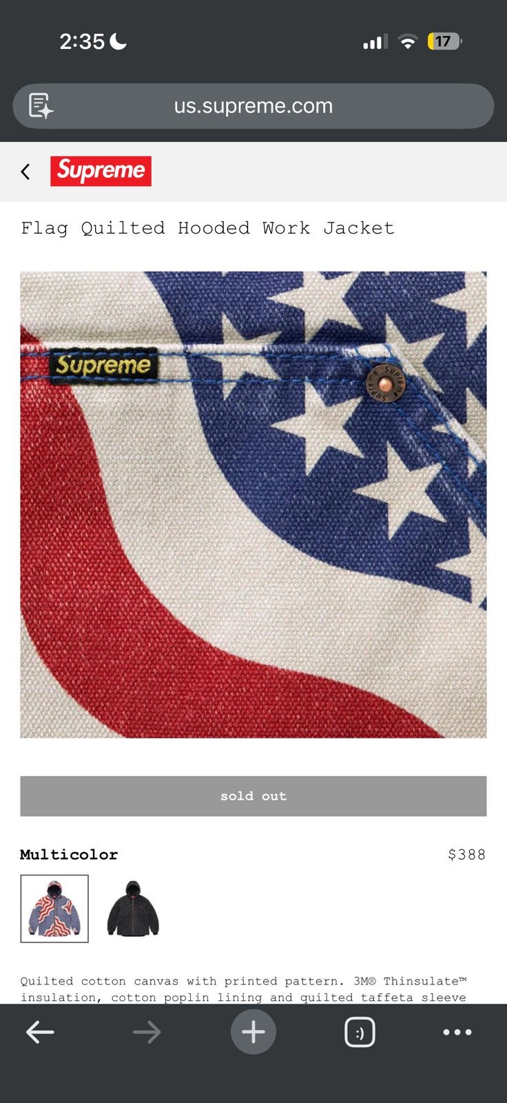 Supreme Flag Quilted Hooded Work Jacket Large - Size L - View 10