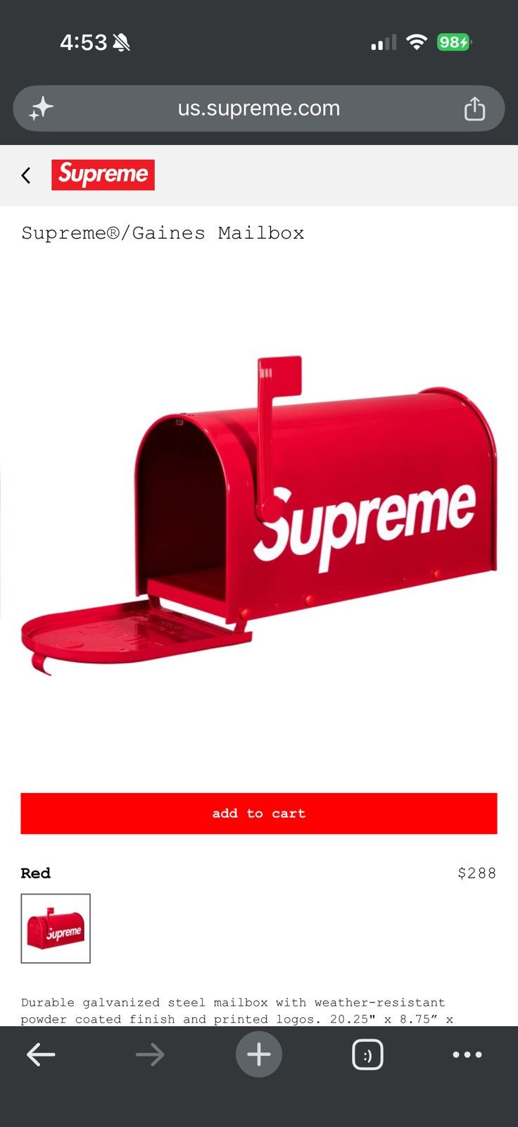 Supreme Gaines Mailbox - Red - Size OS - View 8