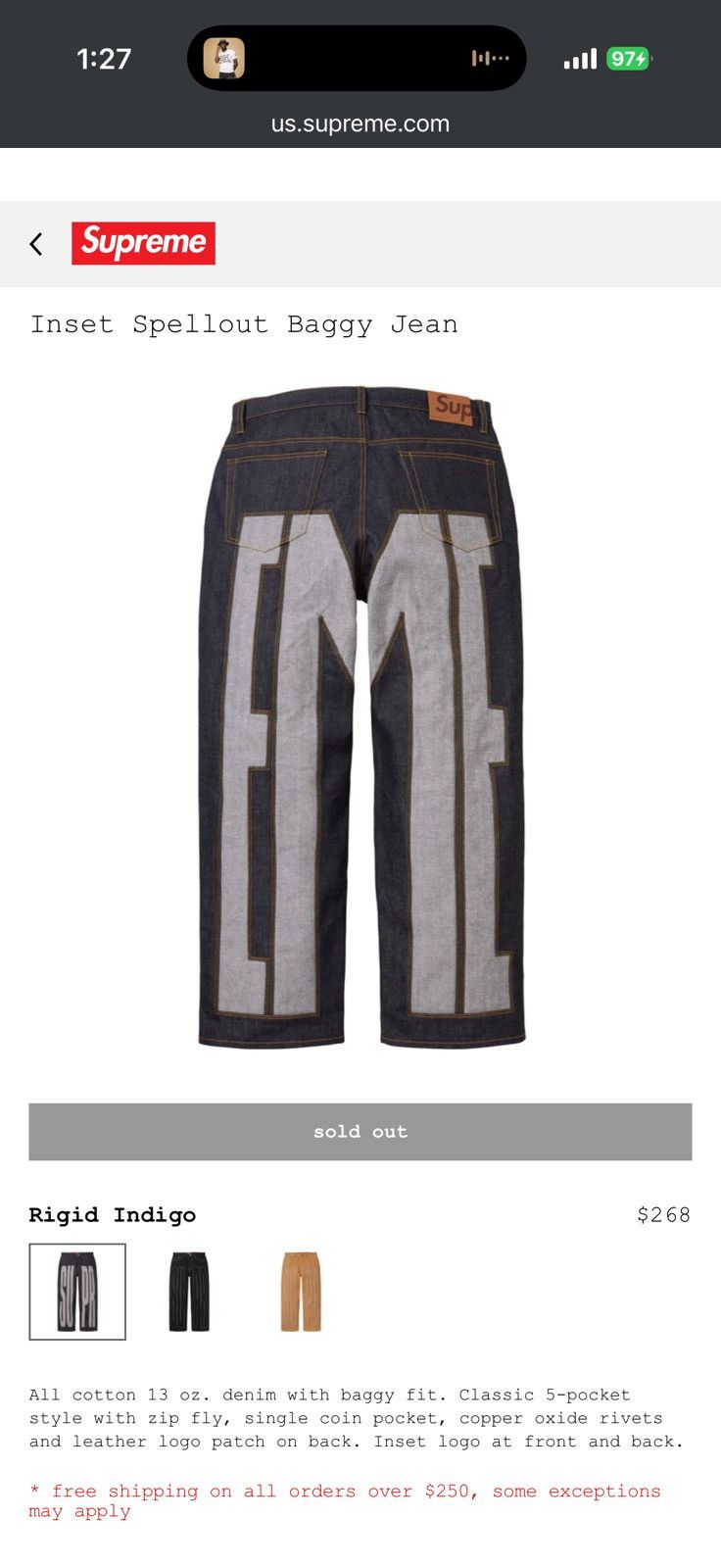 Supreme Inset Spellout Baggy Jean - Size 36 - View 7