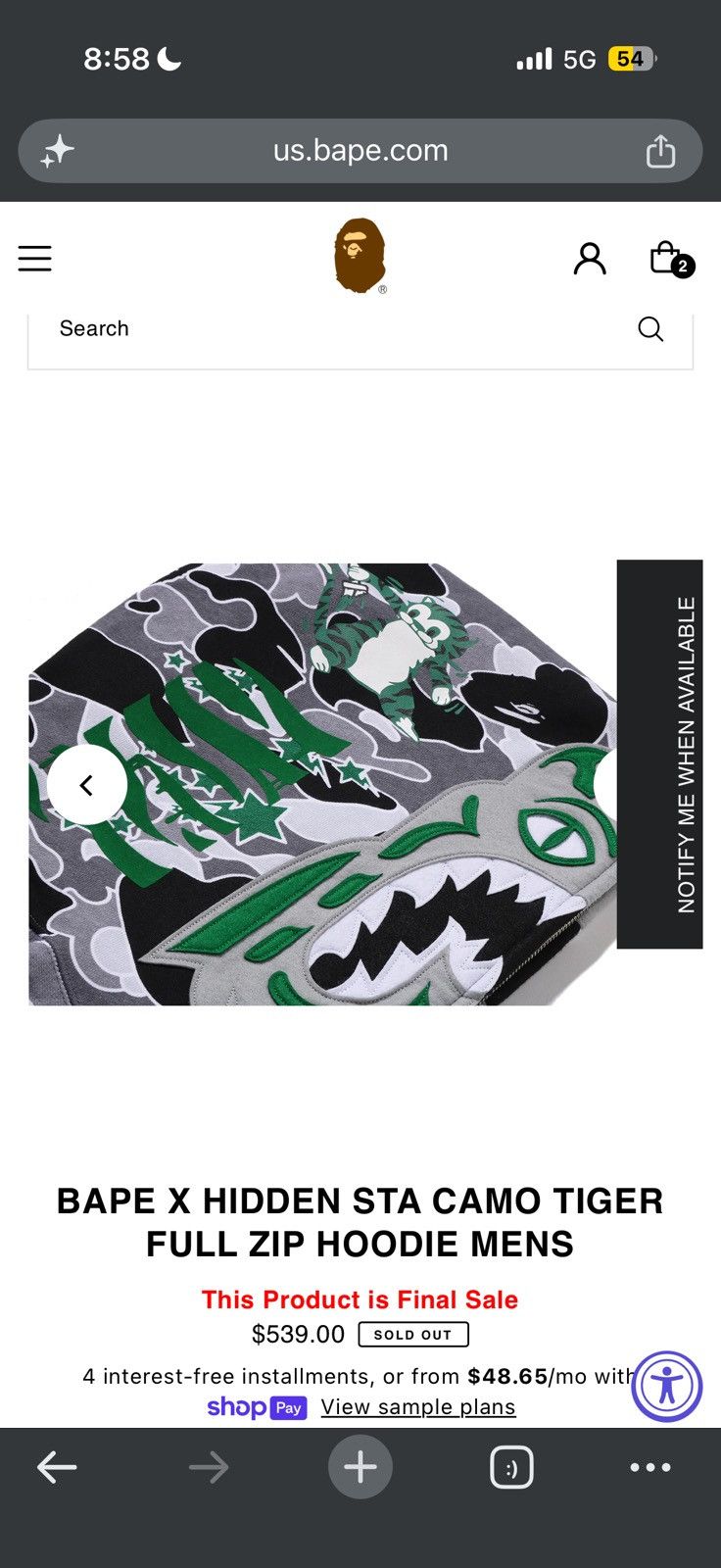 Bape X Hidden Sta Camo Tiger Full Zip Hoodie - Red - Size XL - View 22