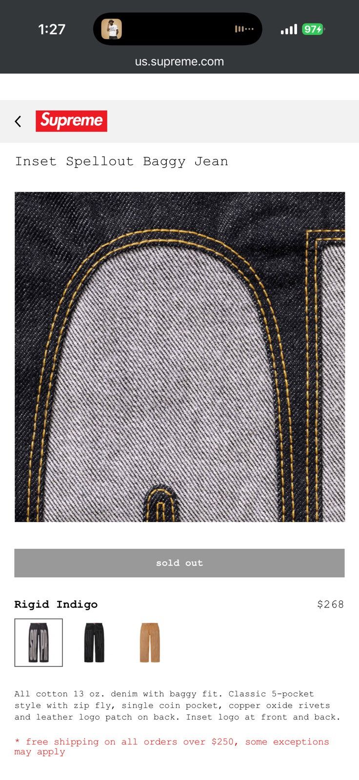 Supreme Inset Spellout Baggy Jean - Size 36 - View 6