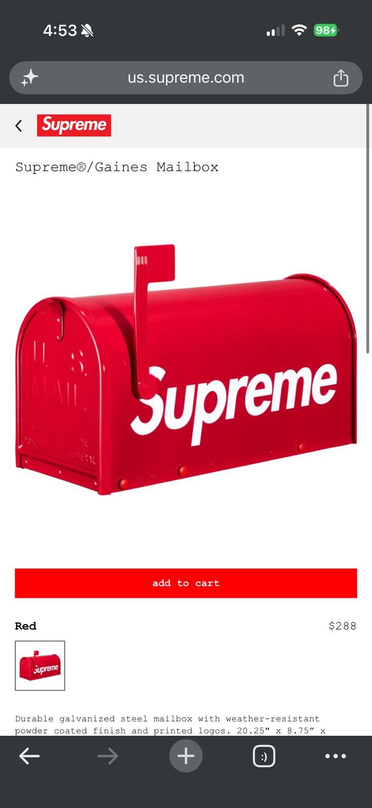 Supreme Gaines Mailbox - Red - Size OS - View 7