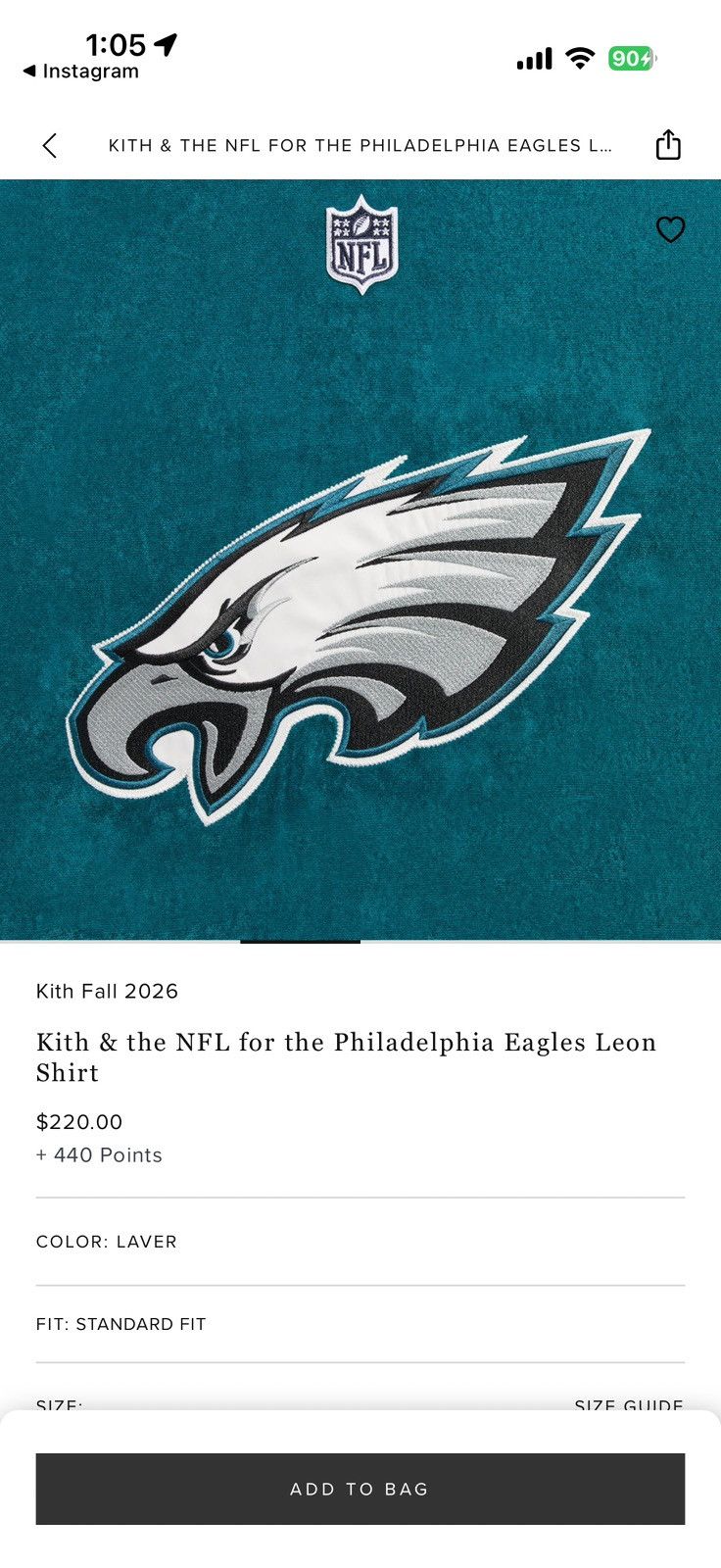 Kith Philadelphia Eagles Leon Shirt - Green - Size S - Tag/Label