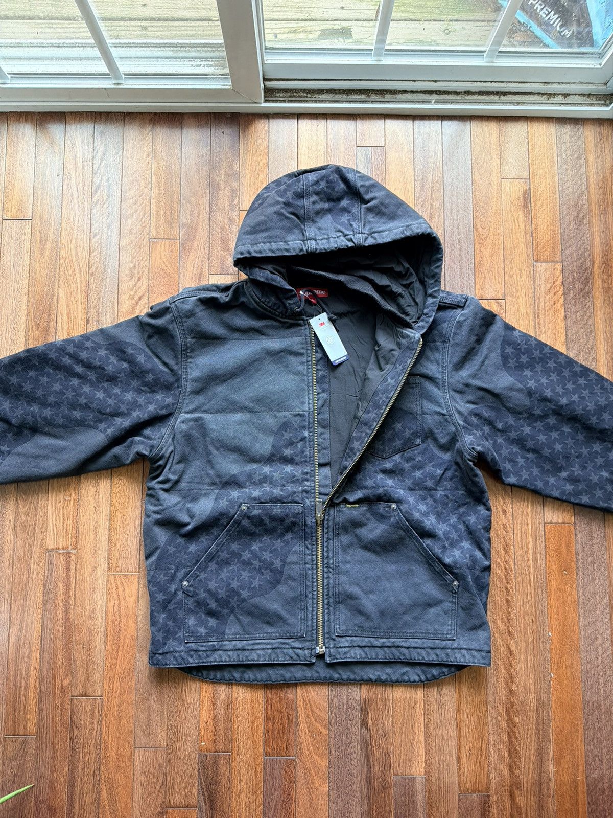 Supreme Flag Quilted Hooded Work Jacket Black Large - Black - Size L - Tag/Label