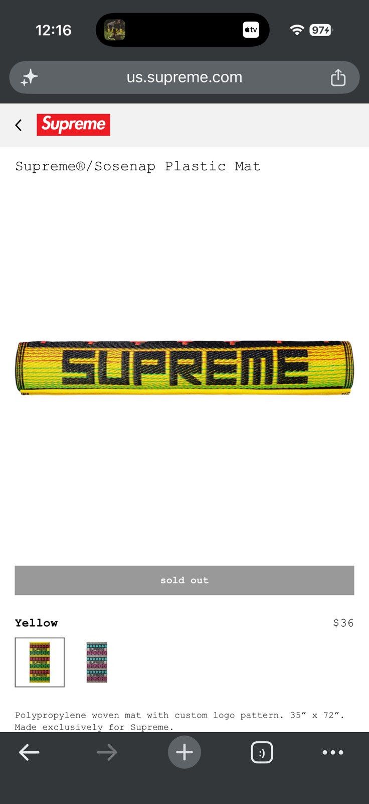 Supreme Sosenap Plastic Mat Yellow - Yellow - Size OS - Back View
