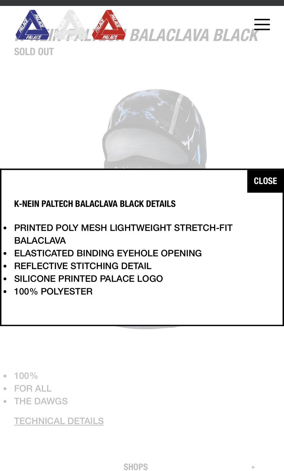 Palace K Nein Paltech Balaclava Black - Black - Size OS - View 8