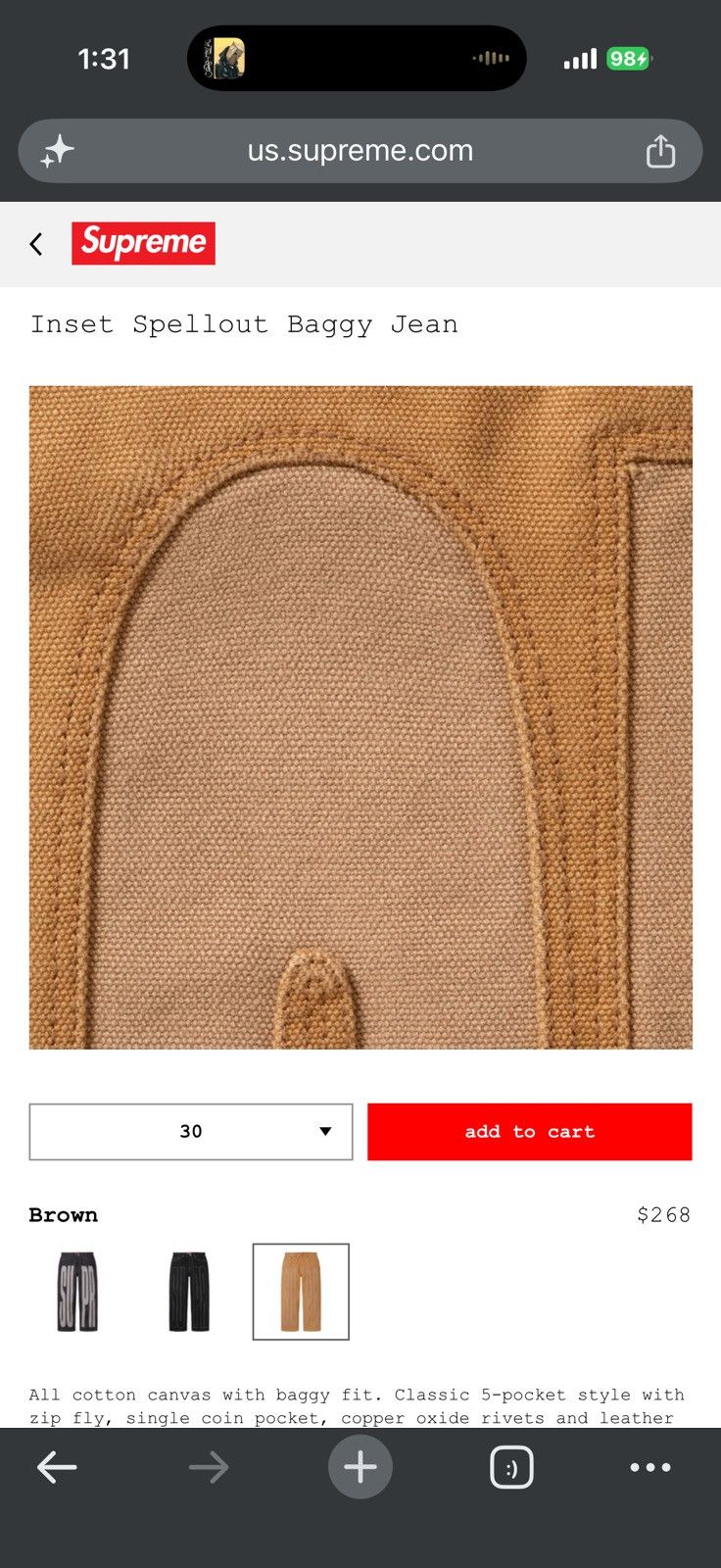 Supreme Inset Spellout Baggy Jean - Brown - Size 36 - View 5