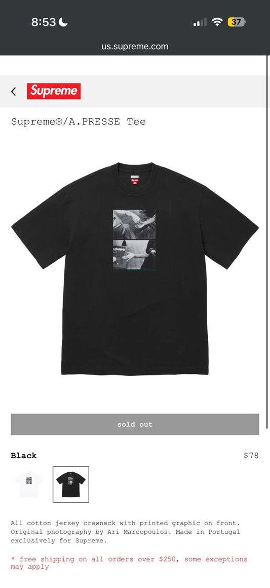 A.PRESSE x Supreme Tee Black Medium - Black - Size Medium - Front View