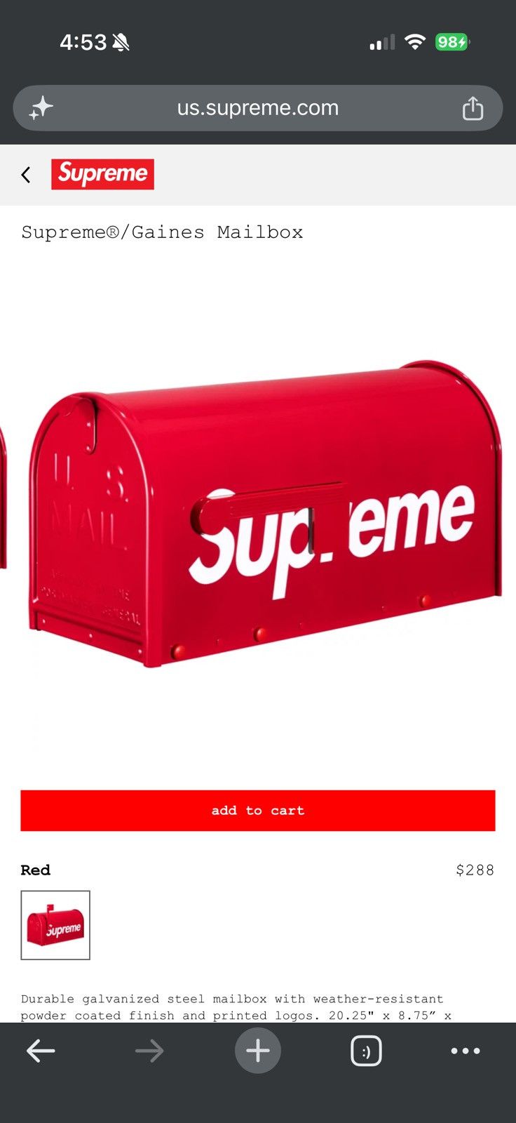 Supreme Gaines Mailbox - Red - Size OS - View 9